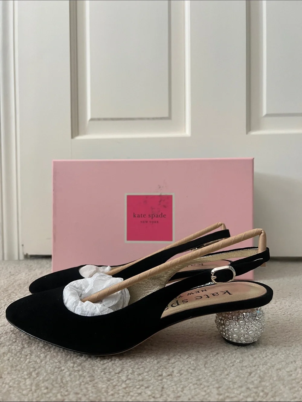 kate spade Black Suede Slingback Pumps with Crystal Heel